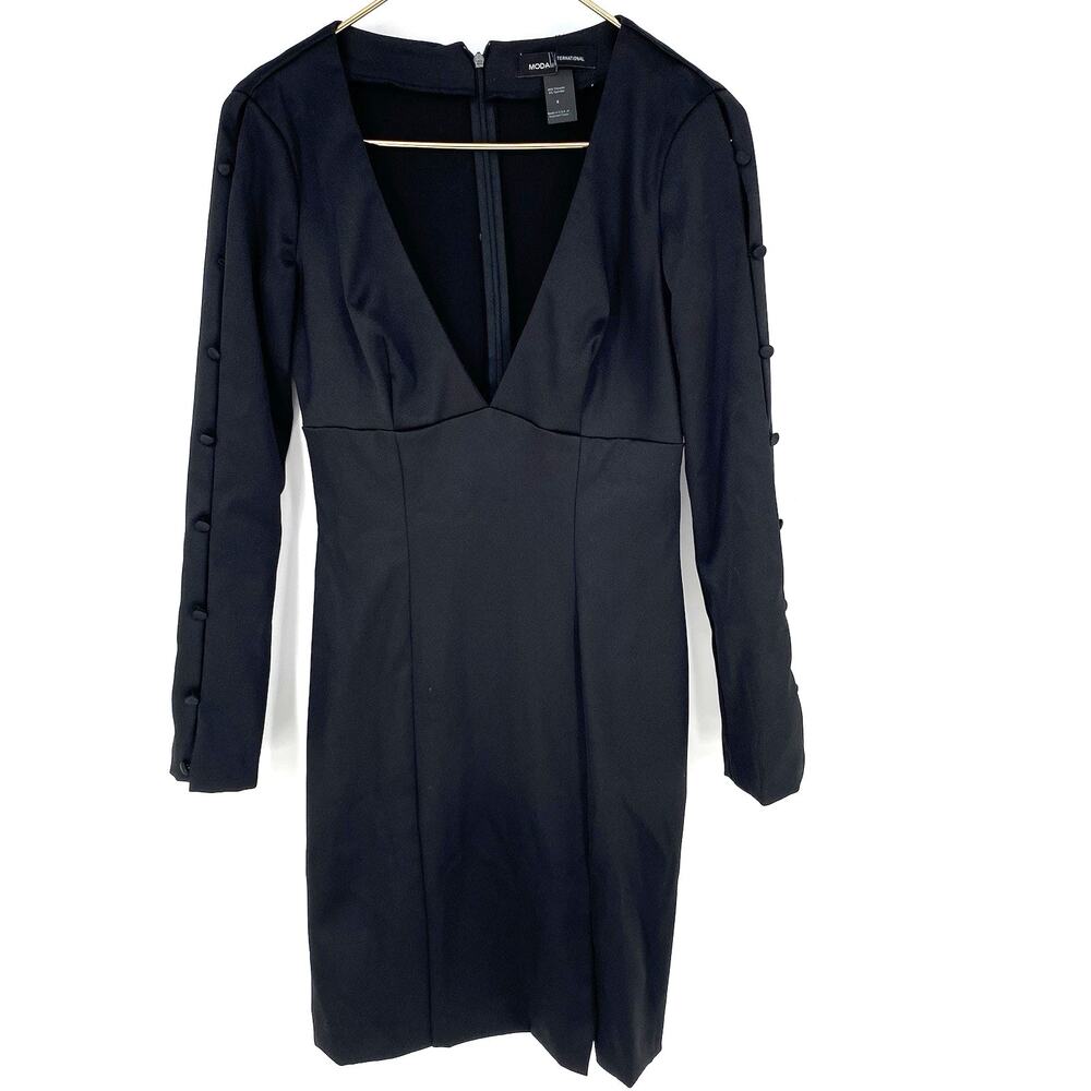 Moda International Y2K Mini Dress Womens 0 Black Plunge V Neck Bodycon